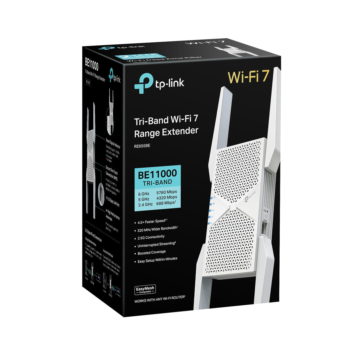 TP-Link RE655BE Tri-Band WiFi 7 Repeater – BE9300, EasyMesh, 2.5G LAN, WPA3